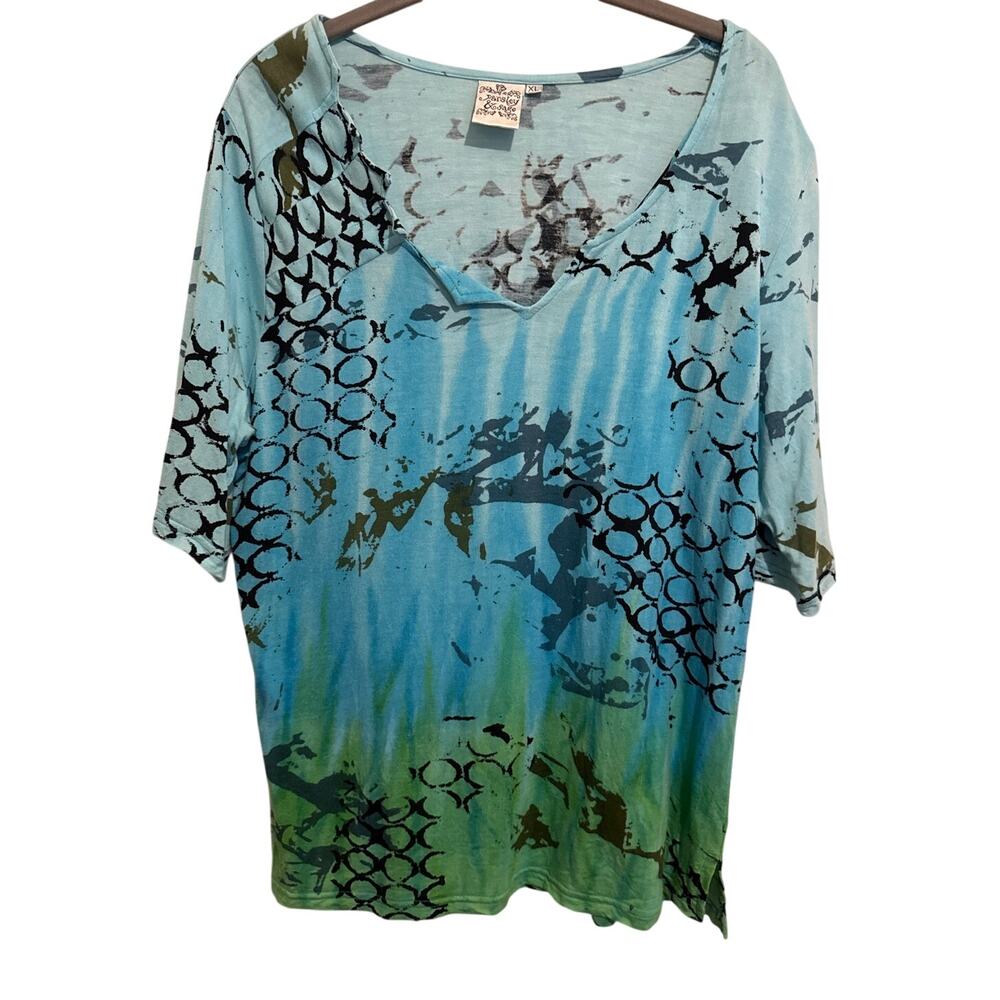 Parsley & Sage Coastal Watercolor Inspired Top Mixed Media Artsy Lagenlook XL